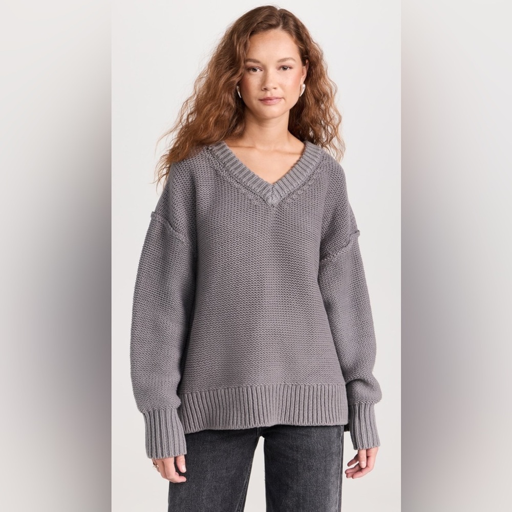 Free People Alli V Neck Knit Sweater Grey XS Oversized